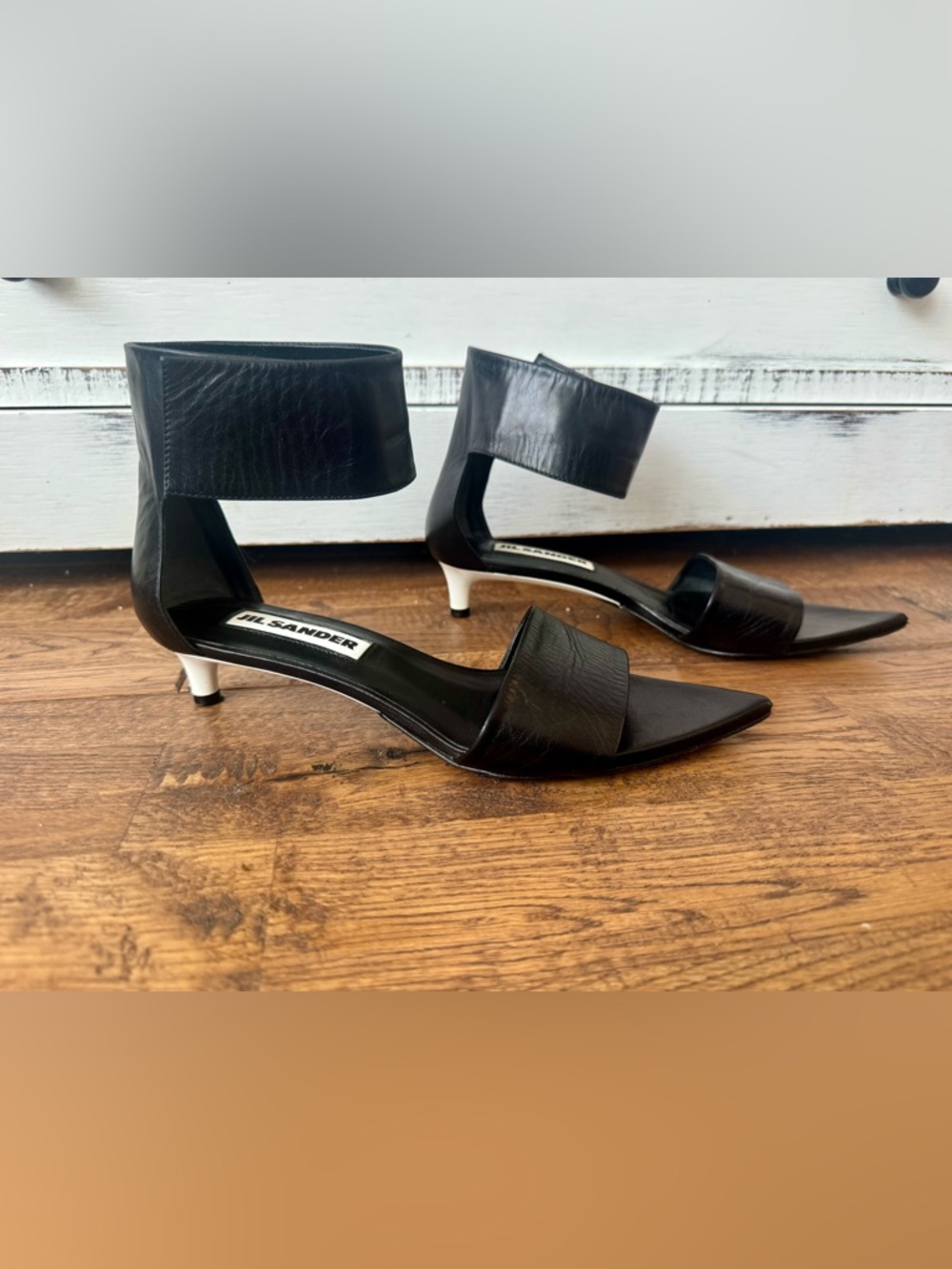 Jil Sander Black White Leather Ankle Cuff Kitten Heel Sandals Size 35